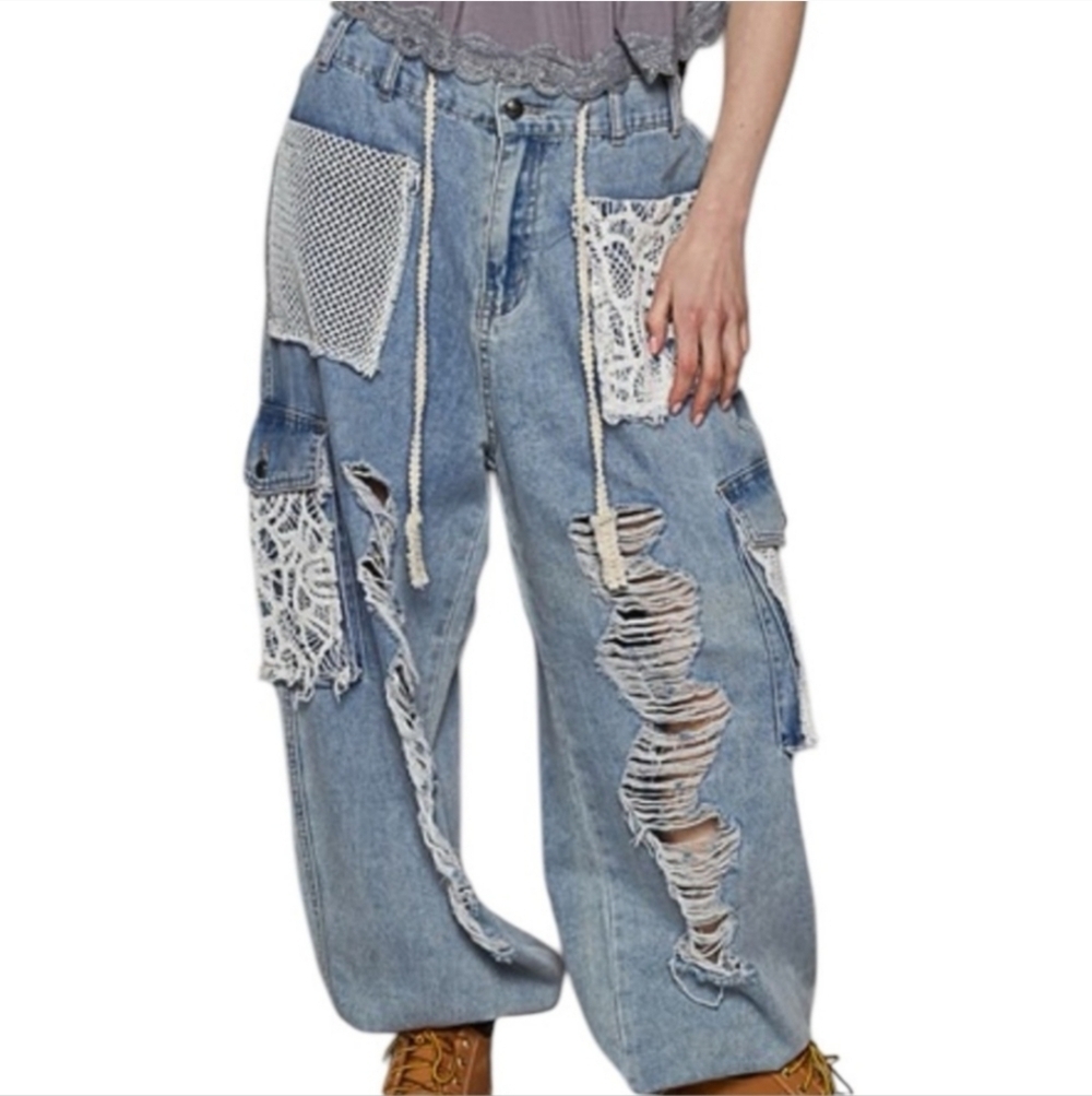 POL Blue Denim Crochet Distressed Oversized Jogger Jeans